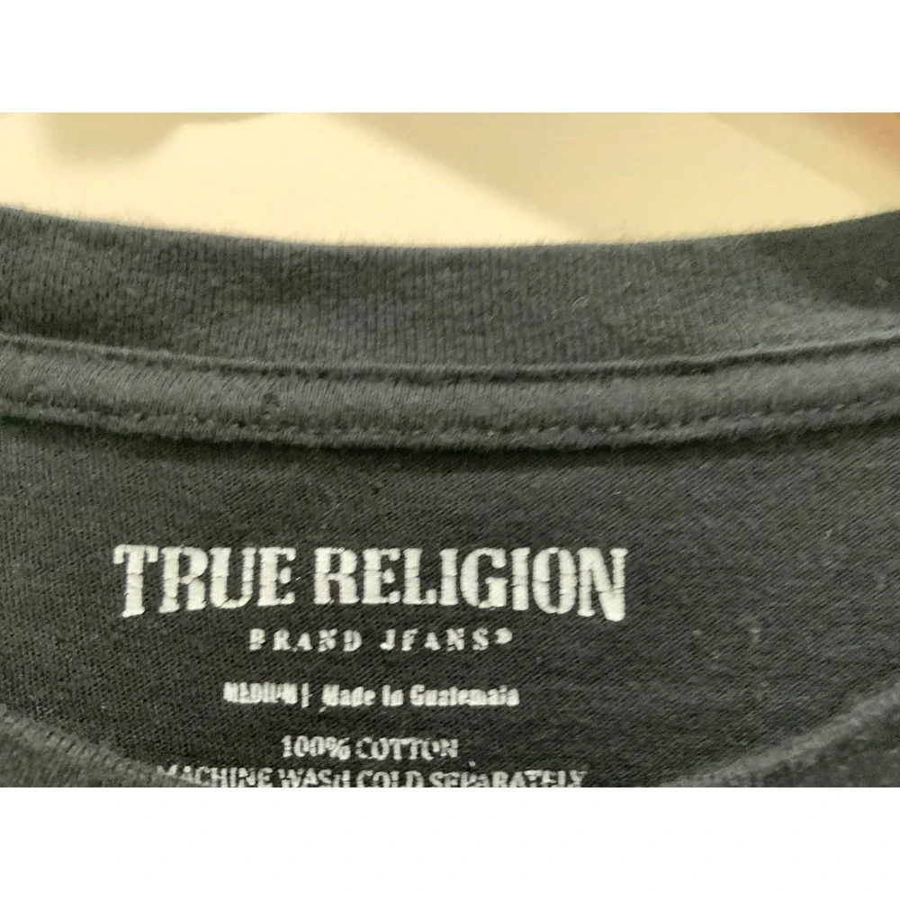 True Religion Mens Black Buddha Guitar Graphic T-Shirt Horseshoe Logo Medium